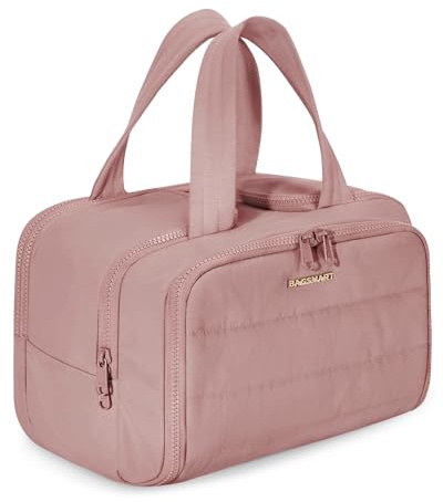 BAGSMART Large Toiletry Bag Travel Makeup Bag, 2 Full Open Upright Compartments, Cosmetic Wash Bag with Wet & Brushes Pocket, Essentials Accessories for Women, Dark Pink