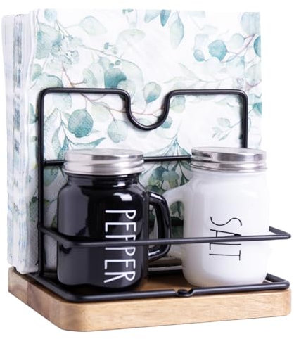 Janxin Serviettenhalter, Serviettenhalter Schwarz, Modern Napkin Dispenser for Table, Küchenzubehör, Spender Geeignet für Küchen und Arbeitsplatten (Holzfarbener Sockel)