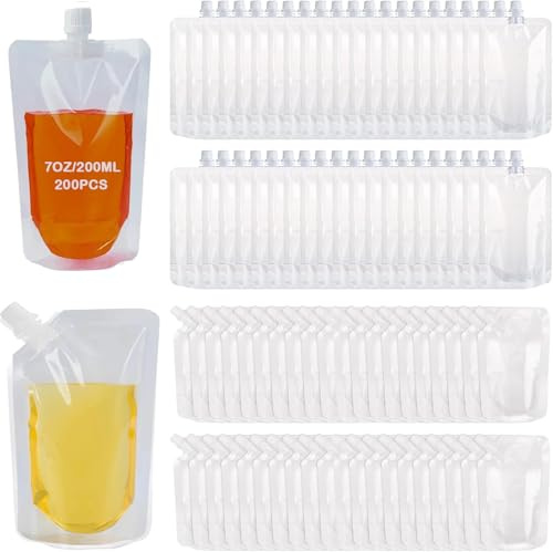 LOPYXBR 200 PCS 8 OZ Plastic Flask Pouch 8 OZ Disposable Flask Clear Juice Pouches Leak-Proof Travel Flasks Plastic Pouches