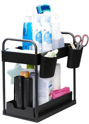 Innoteck Essentials Under Sink Organiser with 4 Hooks and 2 Cups – Stylish Black 2-Tier Storage Solution with Slide-Out Design for Kitchen and Bathroom, Dimensions H40xL39xD30cm
