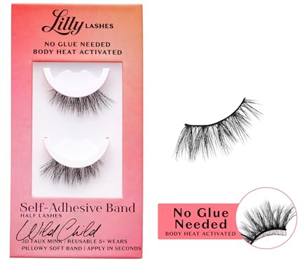 Lilly Lashes Self Adhesive Eyelashes (Half Lashes), No Lash Glue Needed, Body Heat Activated Press on Lashes, Reusable Self Adhesive Eyelashes Up to 5x, Easy to Apply & Remove (WildChild)