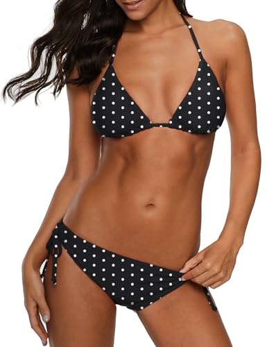 Century Star Women Cute String Triangle Bikini Sets - Swimsuits Two-Piece Tie Side Bathing Suit Adjustable Ties Halter Swimwear Black White Polka Dots 8-10 M