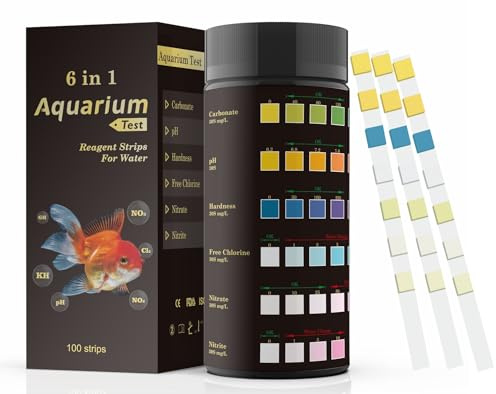 Fontee 6 en 1 Bandelettes de Test pour Aquarium, 100 pièces, Kit de Test pour Aquarium d'eau Douce, Bassin à Poissons, Test précis de Carbonate, pH, Dureté, CL2, Nitrate, Nitrite