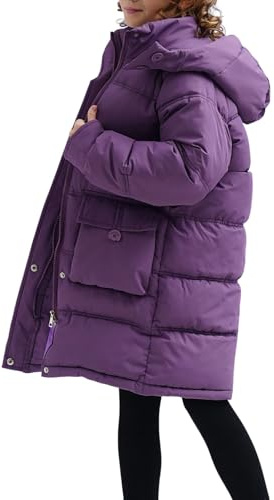 Girls Quilted Parka Coats Zip up Padded Hooded Puffer Jackets Teen Kids Lightweight Windproof Winter Outwear with Pockets Knee Length Snap Buttons Thick Thermal Coats (Purple, 9-10 Years)