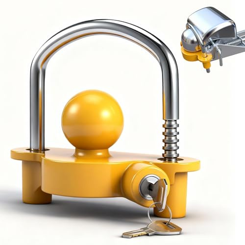 Rionavexa Candado Antirrobo para Enganche Remolque,Bola Antirrobo Remolque,Universal y Ajustable con 2 Llaves, para Bola Remolque,Caravana y Coche,Estructura Robusta de Acero Fundido,Amarillo