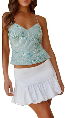 LYGBAOFUL Halter-topp med paljetter, låg skuren kåpa Glittrig Y2K Tank Party Cami, rygglös glitter Rhinestone-utsmyckade toppar