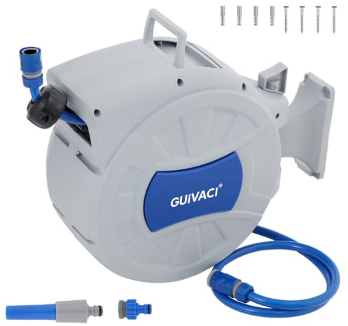 Caja de manguera de pared de 30 m con rebobinado automático – Pistola de pulverización de 8 funciones, soporte de pared giratorio 180°, 2 boquillas incluidas, para riego de jardín y limpieza de