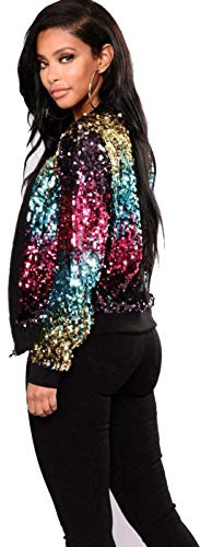 Cray Girls Womens Ladies Sequin Bomber Jacket Zip Up Stylish Party Bling Baseball Biker Coat Outwear UK 8-18 (12-14, Rainbow)