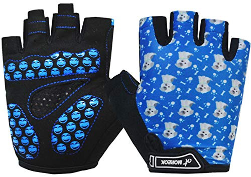 MOREOK Kids Cycling Gloves,Gel Padding Bicycle Half Finger Pair Dog Bars, Fit Boy Girl Youth Age 2-11, Outdoor Sport Road Mountain Bike Gloves Blue-S