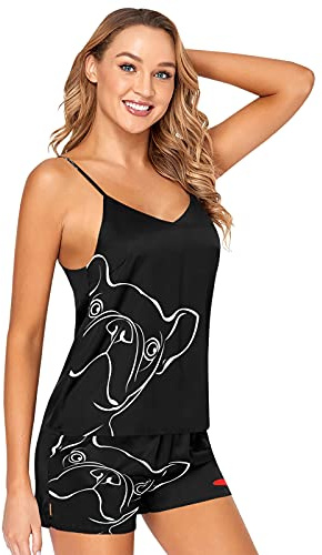 Mnsruu Bulldog cachorro perro francés negro amor corazón pijama pantalones cortos conjunto mujeres dormir ropa de dormir satén ropa de dormir