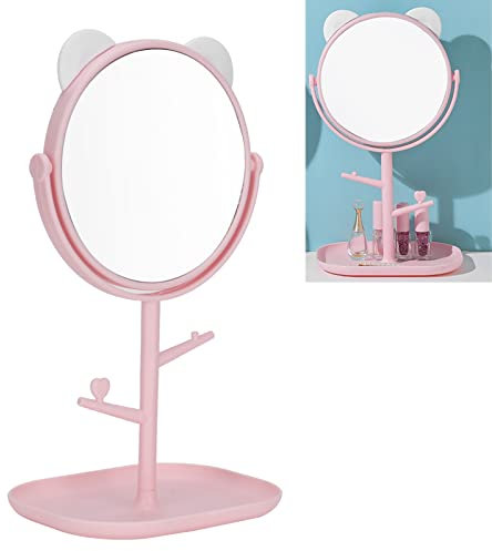 Espejo Cosmético, Espejo de Maquillaje con Bandeja de Almacenamiento Orejas de Gato Espejo de Tocador Ajustable con Soporte Pequeño para Maquillaje Espejos Iluminados de Sobremesa Portátiles(#1)