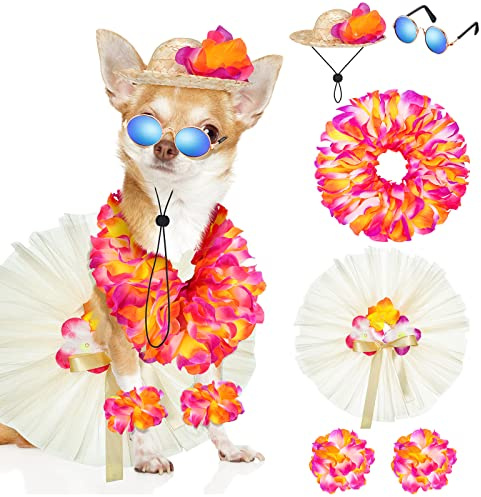 Chunful 6 Pcs Dog Hawaiian Costume, Tutu Skirt Sunglasses Hat for Puppy