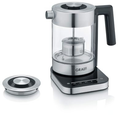 Hervidor de agua de cristal GRAEF WK350, 1 litro, diseño de alta calidad, cristal Schott Duran, acero inoxidable, ajuste de temperatura, colador de té, iluminación LED, base de 360°, función de