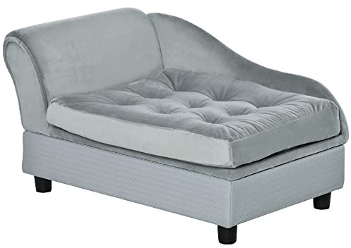 PawHut Dog Sofa Pet Chair Cat Couch with Storage, Soft Cushion, 76 x 45 x 43cm - Light Grey