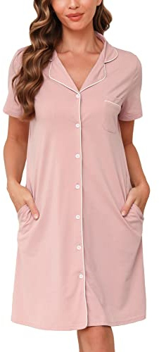 Vlazom Women Soft Nighties V-Neck Button Down Nightdress Classic Boyfriend Style Sleepshirt Relaxed Nightshirt Sleepwear Pink,XL