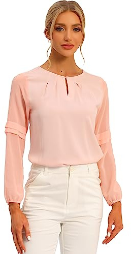 Allegra K Camicetta da lavoro da donna in chiffon, semi trasparente, con scollo a serratura, elegante, rosa chiaro, L