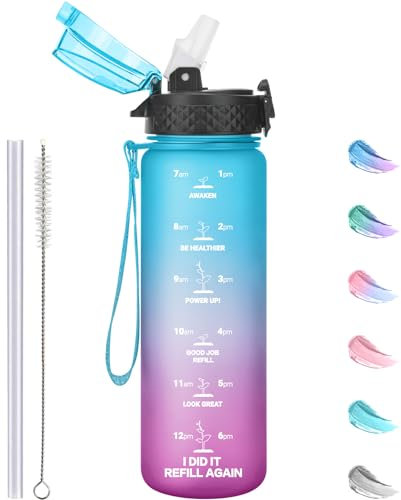 GOPPUS 500ml/17oz Botellas de Agua para Niños con Pajita sin BPA Botella de Bebidas a Prueba de Fugas para la Escuela Tritan Botella de Agua Deportiva Reutilizable Pequeños con Marcas de Tiempo