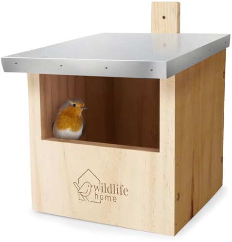 WILDLIFE HOME Nido de pájaros para petirrojos, reyezuelos y semicuevas con techo de metal, según NABU, de madera maciza atornillada, resistente a la intemperie y sin tratar, casa para pájaros