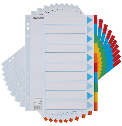 Esselte 10 Packs A4 Card File Dividers, 10 Parts Coloured Folder Dividers with Identification front Sheet, for Ring Binders and Lever Arch Files, Made from Durable, Recycled Card