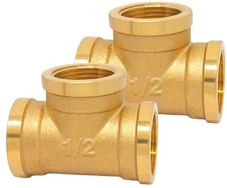 T-Stück 90° G1/2 Zoll Ig Messing, 2 Stück Messing T-Stücks G1/2(Ø19,5mm) IG/IG/IG, DN15, Abzweig Verteilerstück Innengewinde für Trinkwasser geeignet Gewindefitting Messingfitting