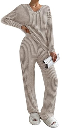 CheChury Zweiteiler Damen Lounge Set V-Ausschnitt Einfarbig Loungewear Gerippt Shirt Top Langärm mit Hose 2-Teiliges Hausanzug Jogginganzug Loungewear Nachtwäsche Hauskleidung Freizeit Outfit
