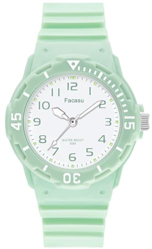 Facasu Orologio Analogico Bambini Ragazzi Ragazze,Orologio al quarzo impermeabile Fino a 50M,Cinturino Morbido Orologio Facile Leggere Imparare l'ora Bambini dai 4 ai 12 anni (Verde)