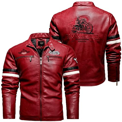 PIIBON | Chaqueta para Hombre de Piel sintética. Cazadora de Cuero sintético estilo Motero. Moda Casual de Cuero Vegano con Bordados Biker. (FR/ES, Letras, S, Regular, Regular, Rojo - Granate)