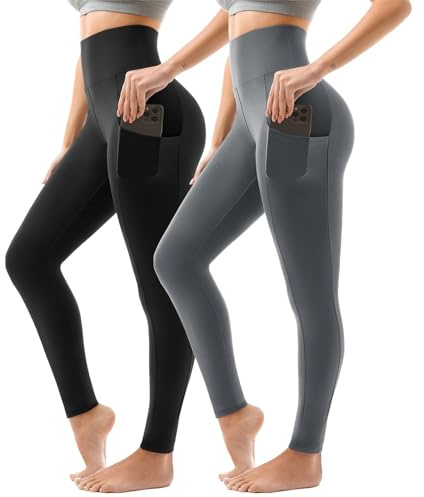 Sanpetix Lot de 2 leggings de sport pour femme, taille haute, pantalon de sport femme long avec poches, pour la gym, le yoga, SM, noir/gris, L-XL