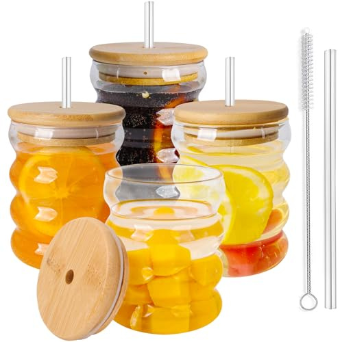 BELICOO 4 Pack Drinking Cocktail Glasses, 11oz/320ml Vintage Ripple Glass Cups, Glasses Iced Coffee Glass Cups Glassware with Lids ana Wood Lids for Beer, Water, Cocktail, Whiskey, Juice, Soda