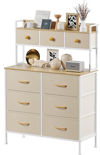 Mintnook Kommode mit 9 Schubladen, Kommodenschrank für Schlafzimmer, Metallgestell, Holzplatte, Stoffschubladen, Stoffkommode für Schlafzimmer, Wohnzimmer, Beige