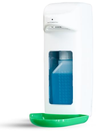 Hygiene365® Dispenser di disinfettante automatico per bottiglie europee, dispenser europeo e disinfettante con sensore, dispenser di sapone da parete e ricaricabile (bianco con verde, 500 ml)