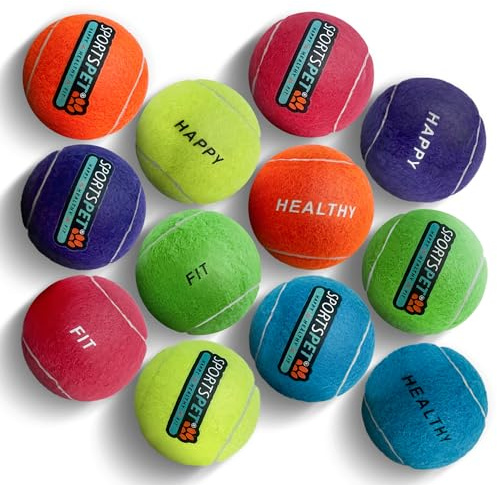 SPORTSPET Tennis Balls for Dogs Made from Natural Rubber - Durable, Non-Abrasive, Pressureless Dog Tennis Balls, Safe for Teeth & Gums - Pack of 12 Multicolor, Medium Size 64mm