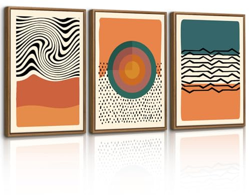 WENGTIAO Quadri su Tela con Cornice, Boho Vintage Astratto, Stampa su Tela Minimaliste Brillant Arancioni Blocchi Linee per Quadro Moderno Soggiorno Camera da Letto Decorazioni Parete 30x40cmx3