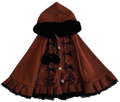 Cuteighteen Kawaii Lolita Hooded Cloak Teens Cape Fleece Lined Jacket Winter Coat Hoodie Lace Trim Poncho Sweater