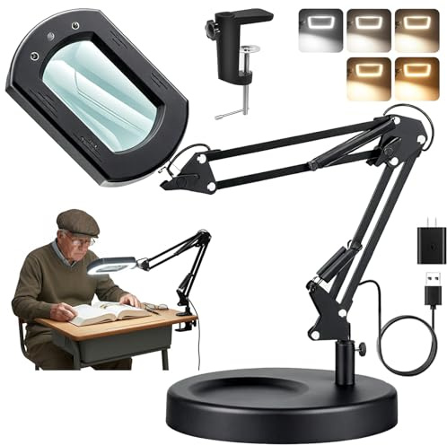 10X 30X Lighted Magnifying Glass with Stand & Clamp, Extra-Long Arm Magnifying Lamp, 7 Large Rectangular Lens, 5 Color Modes & Stepless Dimming, Magnifying Glasses for Close Work, Craft, Reading