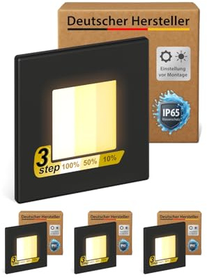 ledscom.de 4 LED luz de escalera/plafón empotrado FEMA para interiores y exteriores, angular, negro, 82 x 82mm, blanco cálido