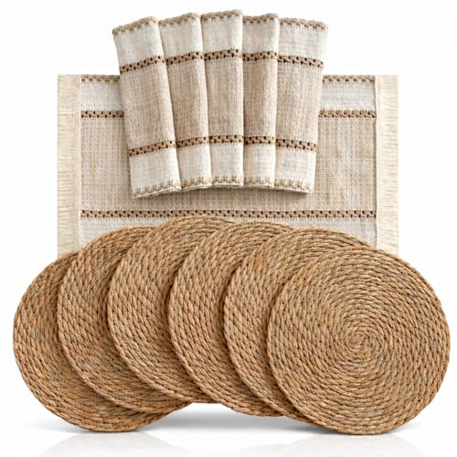VyaNova Manteles Individuales y Salvamanteles, Set de 12 Piezas, 6 Manteles Individuales 50 x 29 cm + 6 Salvamanteles Redondos 30 cm de Diámetro, Fibra Natural para Mesa de Comedor, Terraza y Jardín