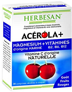 HERBESAN®- Complexe Acérola, Magnésium,Vitamine B2, B6, B12 -Réduction de la fatigue - 30 comprimés à croquer