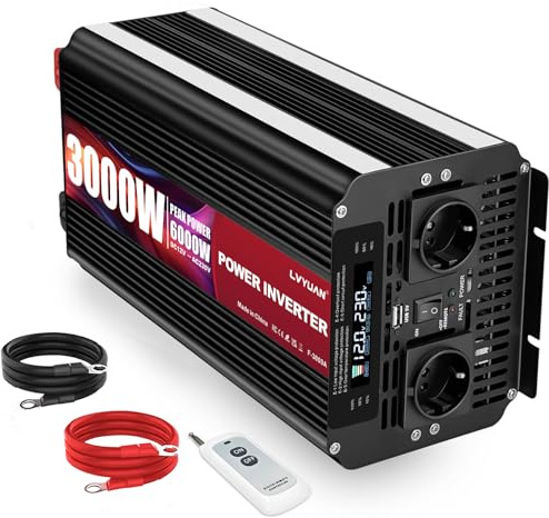 Yinleader Inversor de Corriente 3000W Pico 6000W Convertidor de Voltaje de 12V a 220V 230V Onda Sinusoidal Modificada Transformador con Puerto USB Y 2 Pantalla LED Dos Salidas de ca