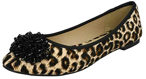 Ladies Spot On Beaded Ruffle Vamp Flat Ballerina - Tan Leopard Microfibre - UK Size 8 - EU Size 41 - US Size 10