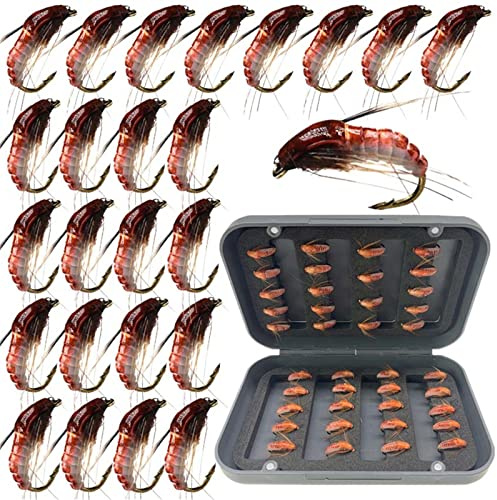 Qievcrme 24Pcs Fly Fishing Flies Trout Lures Fishing Tackle Fly Fishing Flies with Boxed Trout Bass Artificial Fish Bait (24Pcs-Scud Nymph Red)