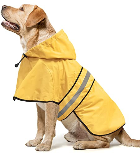 Domagiker Reflective Waterproof Dog Raincoat - Lightweight Dog Rain Jacket with Hooded, Adjustable Pet Rain Coat Poncho Slicker for Dog Walking (Large, Yellow)