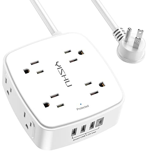 10 Ft Surge Protector Power Strip - YISHU 3 Side Outlet Extender with 8 Widely AC Outlets and 4 USB Ports, 10 Feet Extension Cord with Flat Plug, Wall Mount Desk USB Charging Station, ETL,White