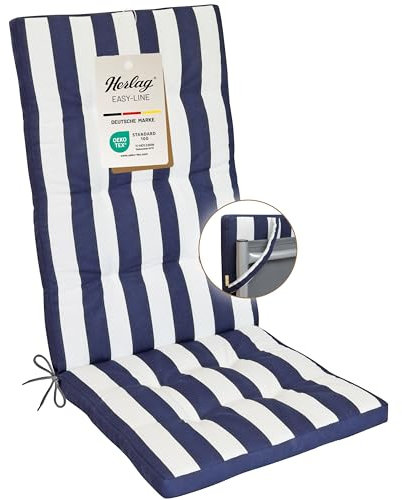 Herlag Hochlehner-Polsterauflage Mia 123x50x5cm | Gestreifte Gartenstuhlauflage | Blockstreifen Auflage für Gartenstühle | Pflegeleichte Easy-Line | Öko Tex 100 | 1 Polster | Blau-Gestreift