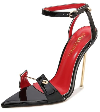 WOkismD Sandali da donna con fibbia in metallo Punta aperta Stiletto Tacchi alti Cinturino alla caviglia Sandali con tacco Scarpe da abito da sposa Tacco 12 cm,Nero,40