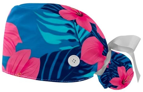 FQURFHY 2 Packed，Tropical flowers palm leaves，Scrub caps women,Scrub caps women ponytail,Surgical caps,for beauty salon