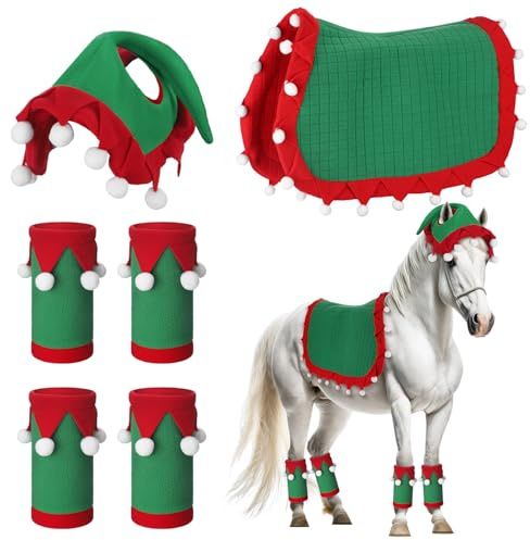 Abbylike Lot de 6 Couvre-Jambes de Père Noël avec Bordure en Fausse Fourrure - Tapis de Selle Tout Usage pour Cheval de Noël (Style Classique, Rouge, Vert)