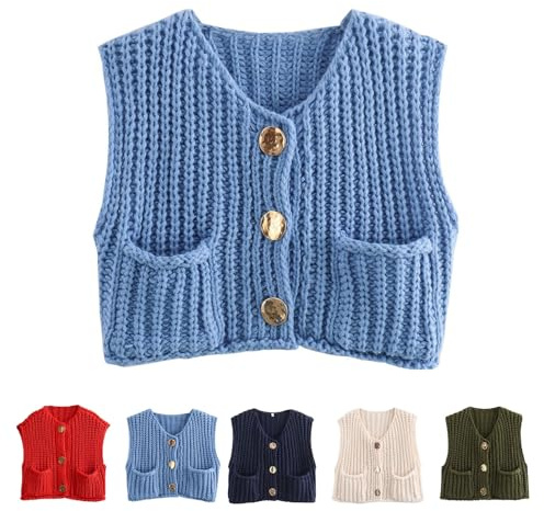 Chaleco de punto grueso 2024, chaleco de suéter grueso de gran tamaño, chaleco de punto grueso con cuello en V y botones en el bolsillo for mujer, suéter sin mangas(Blue,L)
