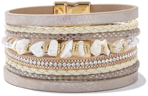FANCY SHINY Turquoise Beaded Leather Wrap Bracelets Stackable Boho Cuff Bracelets with Magnetic Clasp Trendy Western Jewelry Cowboy Cowgirl Outfits for Women(Gold)