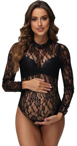 JustVH Women's Sheer Lace Maternity Bodysuit for Photoshoot Long Sleeve Turtleneck Floral Pregnancy Tops Jumpsuit, Black, Medium